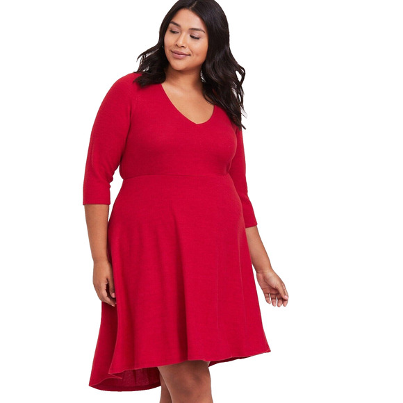 Torrid Super Soft Plush Red Hi-Lo Skater Knit Dress Lg 0 NWT Christmas V Neck - Picture 7 of 14